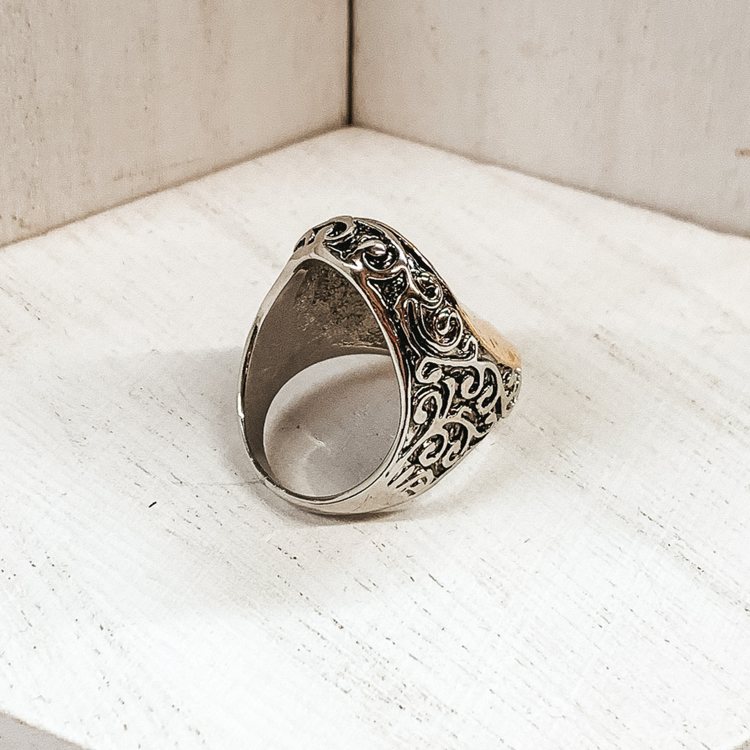 Silver Tone Engraved Ring with Hammered Gold Oval Pendant - Giddy Up Glamour Boutique