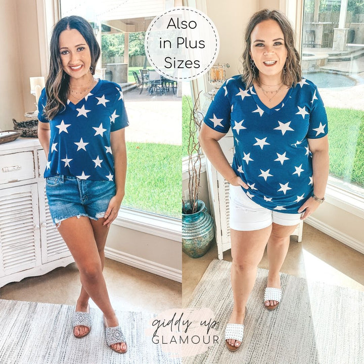 Last Chance Size S & M | Keep Things Simple Star Print V Neck Tee in Navy - Giddy Up Glamour Boutique