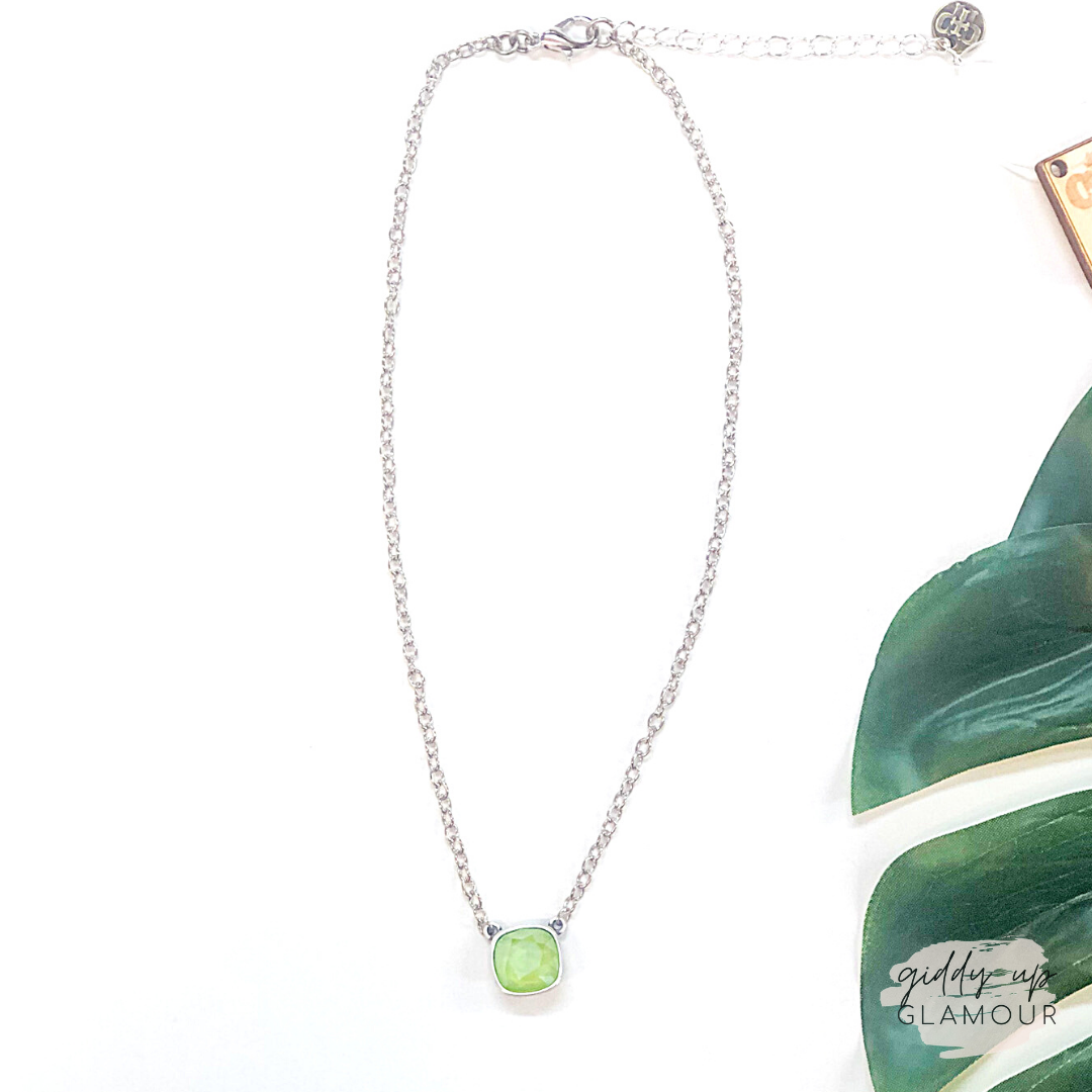 Pink Panache | Silver Chain Necklace with Cushion Cut Crystal in Lime