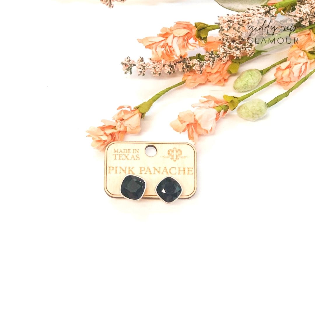 Pink Panache | Silver Stud Earrings with Cushion Cut Crystals in Black - Giddy Up Glamour Boutique