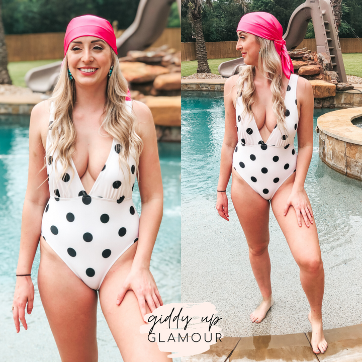 Getting Hotter Deep V Neck Polka Dot One Piece Swimsuit with Tie in Ivory - Giddy Up Glamour Boutique
