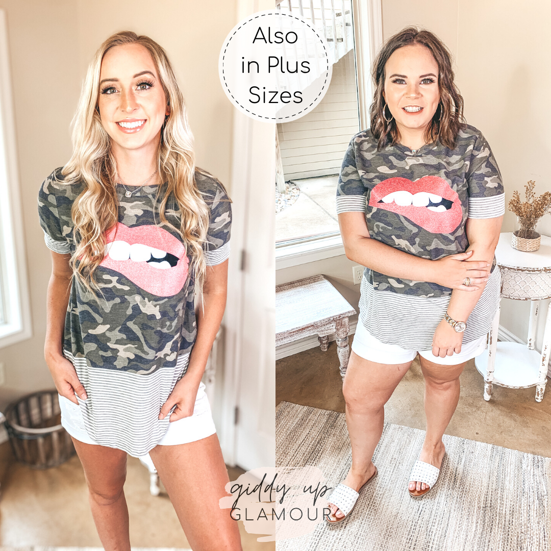 Last Chance Size S & M | Oh So Worth It Pink Lip Graphic Tee with Striped Detailing in Camouflage - Giddy Up Glamour Boutique