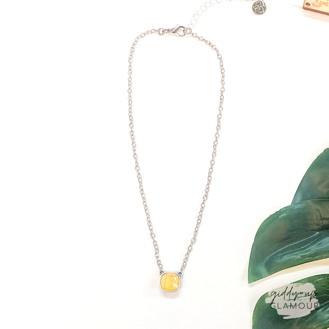 Pink Panache | Silver Chain Necklace with Cushion Cut Crystal in Buttercup Yellow - Giddy Up Glamour Boutique