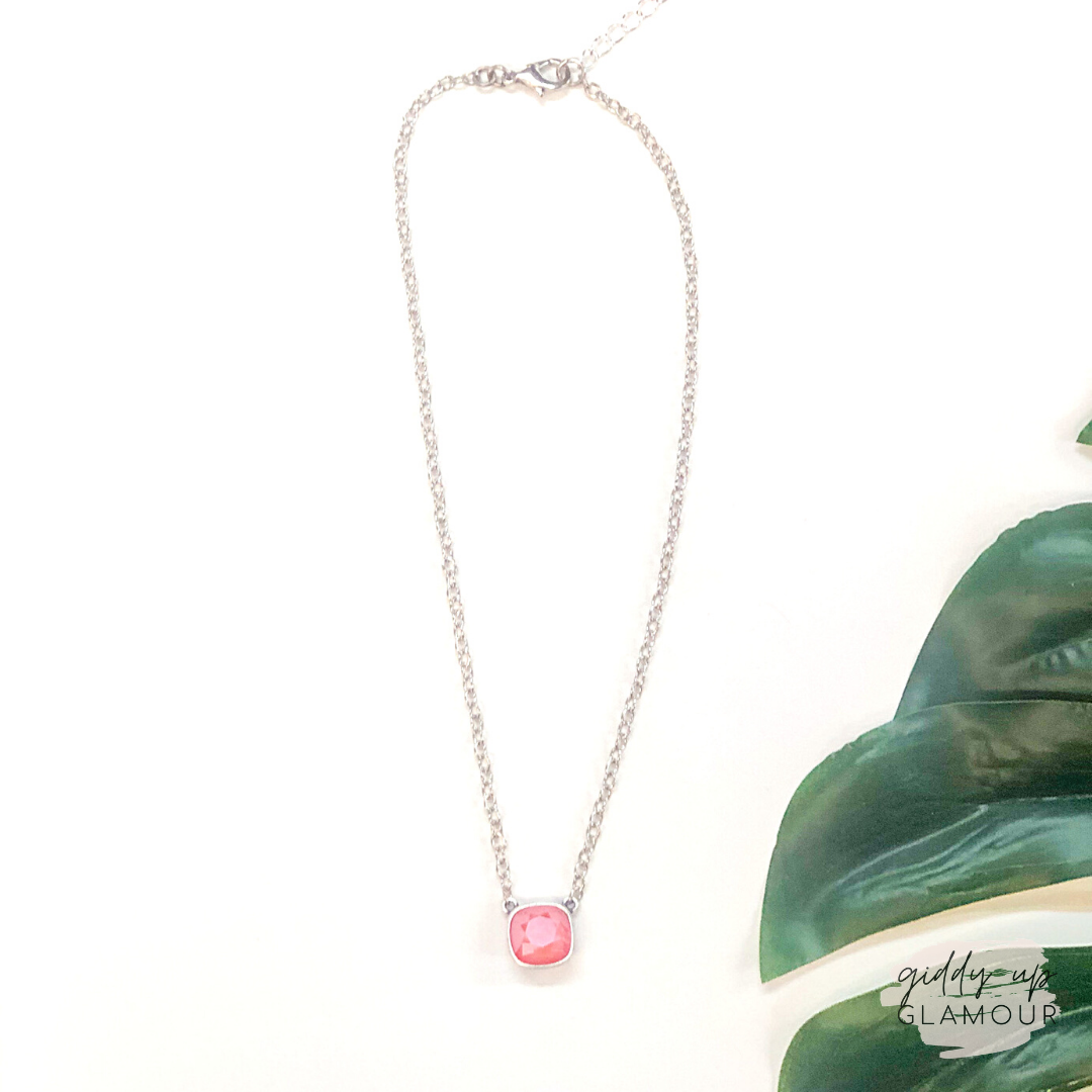 Pink Panache | Silver Chain Necklace with Cushion Cut Crystal in Candy Coral - Giddy Up Glamour Boutique