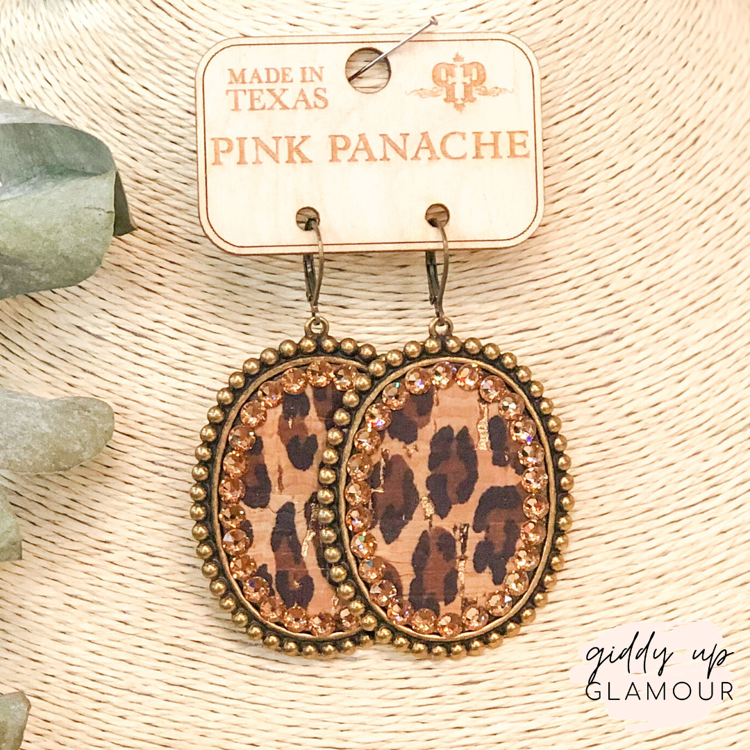 Pink Panache Bronze Oval Earrings with Leopard Print Inlay and Topaz Crystals - Giddy Up Glamour Boutique