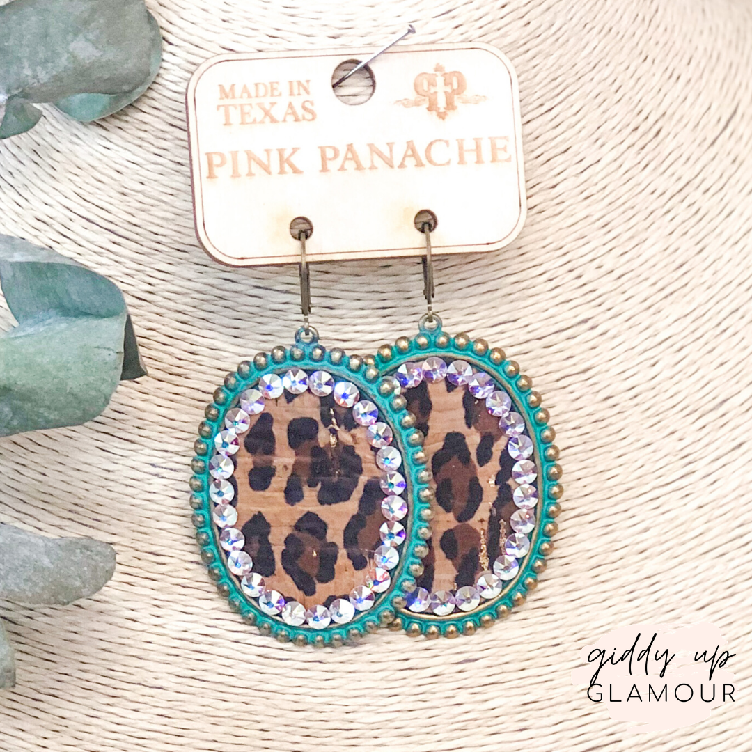 Pink Panache | Turquoise Oval Earrings with Leopard Print Inlay and AB Crystals - Giddy Up Glamour Boutique