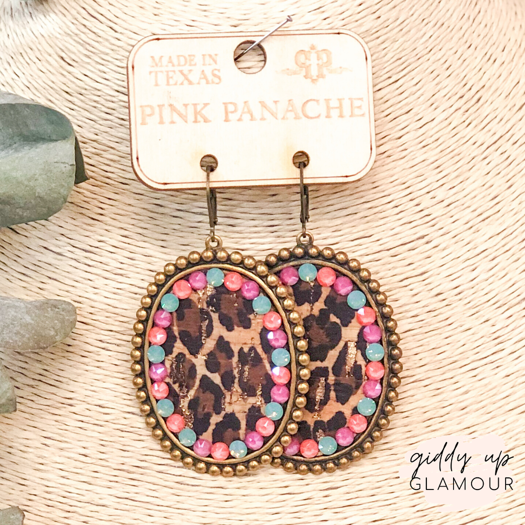 Pink Panache Bronze Oval Earrings with Leopard Print Inlay and Multi Crystals - Giddy Up Glamour Boutique