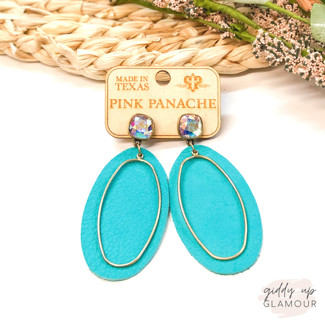 Pink Panache | Cushion Cut, Leather & Gold Accent Earrings in Turquoise - Giddy Up Glamour Boutique