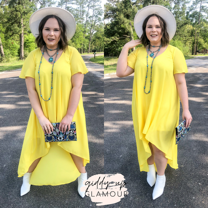 Last Chance Size Small & Med. | Girl On Fire Short Sleeve High-Low Dress with V-Neck in Lemon Yellow - Giddy Up Glamour Boutique
