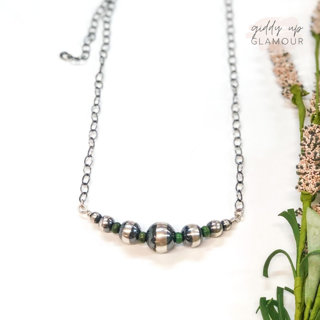 Navajo | Navajo Handmade Sterling Silver Graduated Pearls Necklace with Green Stone Spacers - Giddy Up Glamour Boutique