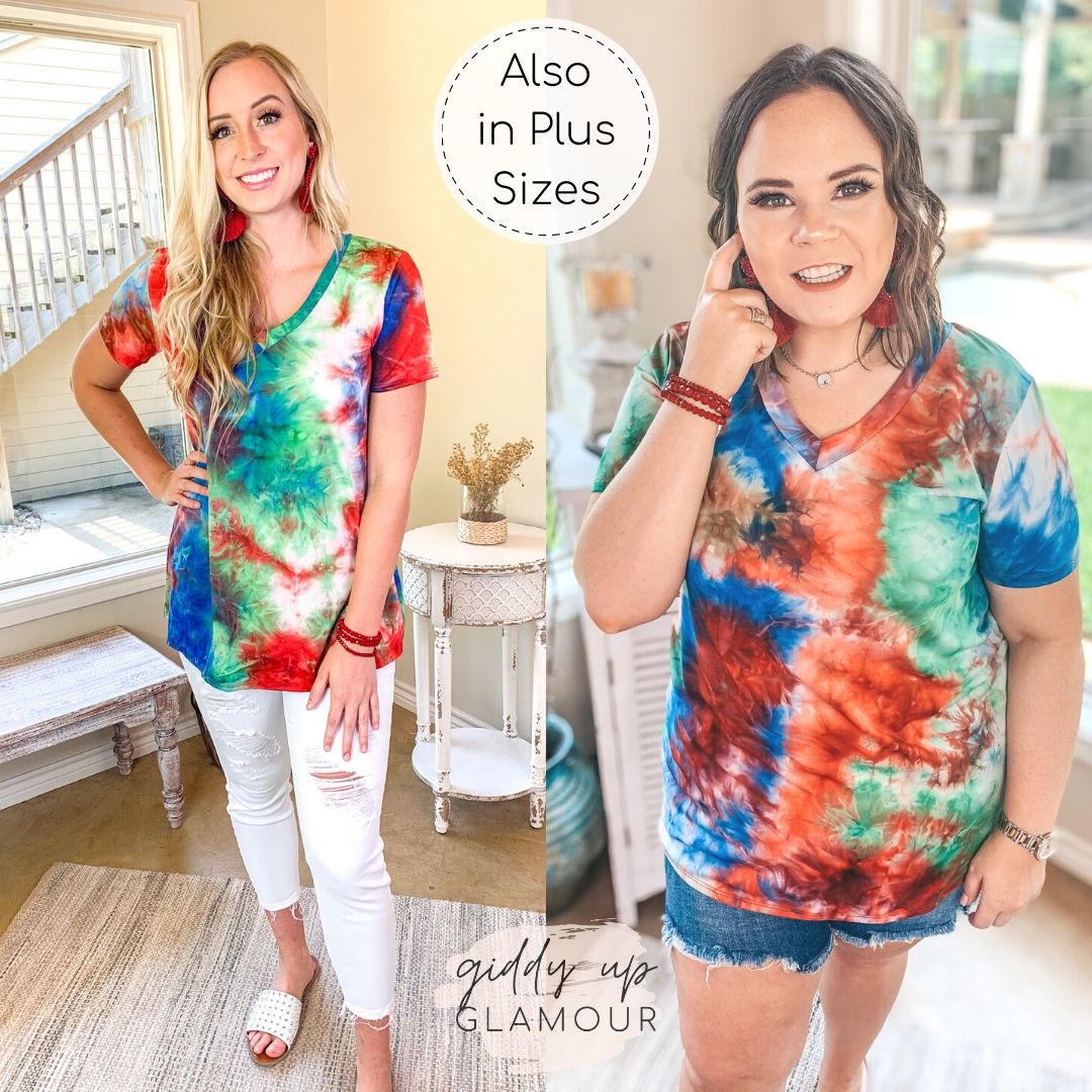 Last Chance Size Small & Medium | Keep Things Simple Tie Dye V Neck Tee in Red, Blue, and Green - Giddy Up Glamour Boutique