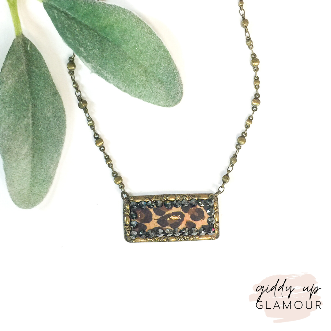 Pink Panache Bronze Rectangle Necklace with Leopard Inlay and Black Crystals - Giddy Up Glamour Boutique