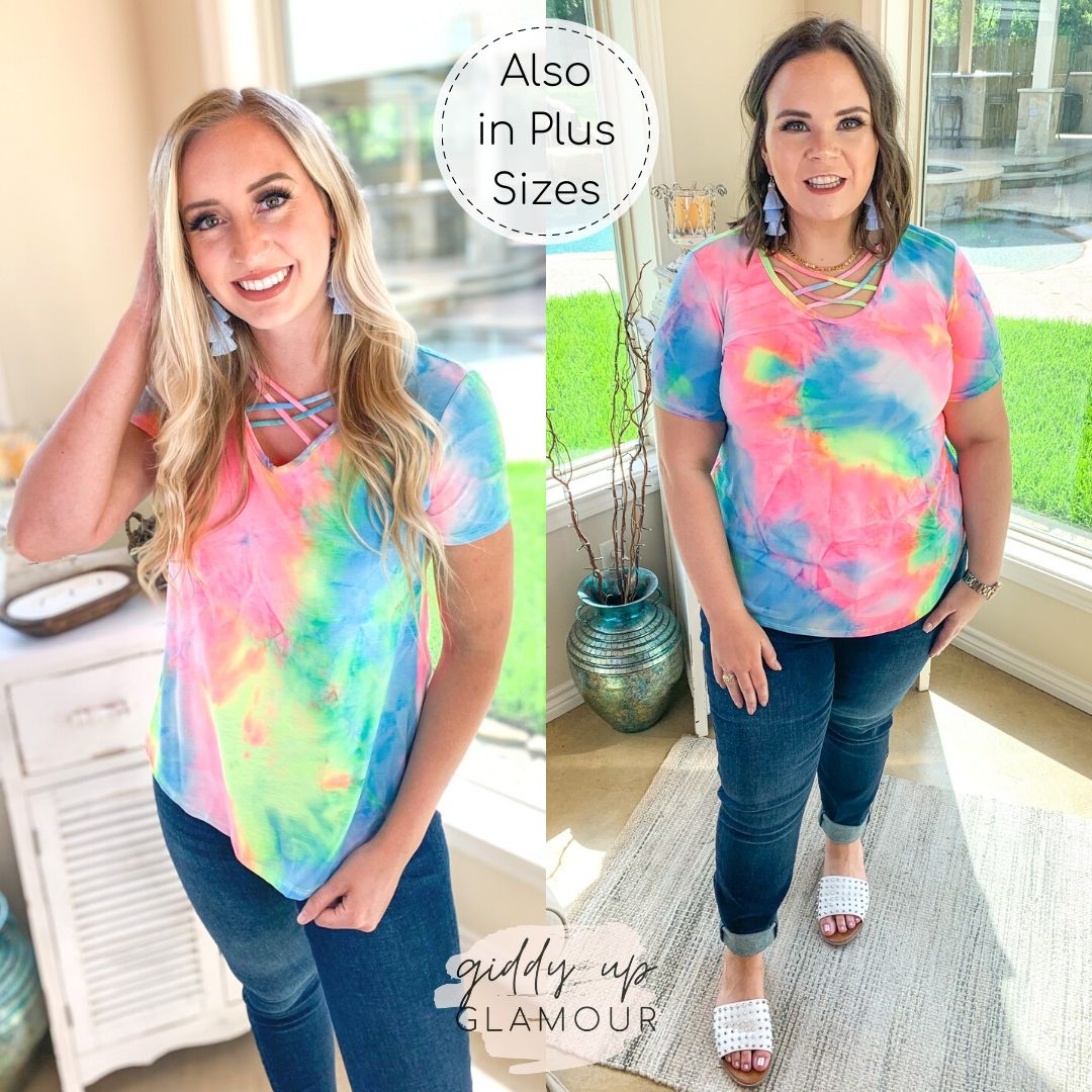 Last Chance Size Small & 3XL | Over the Rainbow Short Sleeve Tie Dye Top with Criss Cross Neck in Yellow, Pink, and Blue - Giddy Up Glamour Boutique