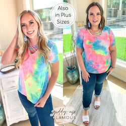 Last Chance Size Small & 3XL | Over the Rainbow Short Sleeve Tie Dye Top with Criss Cross Neck in Yellow, Pink, and Blue