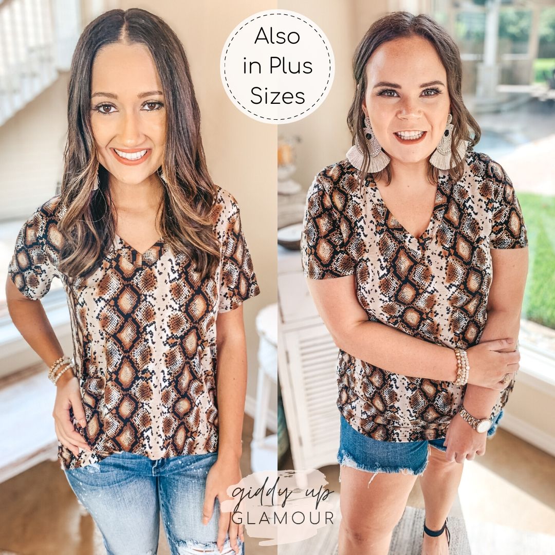 Last Chance Size Small | Keep Things Simple Snakeskin V Neck Tee in Brown - Giddy Up Glamour Boutique