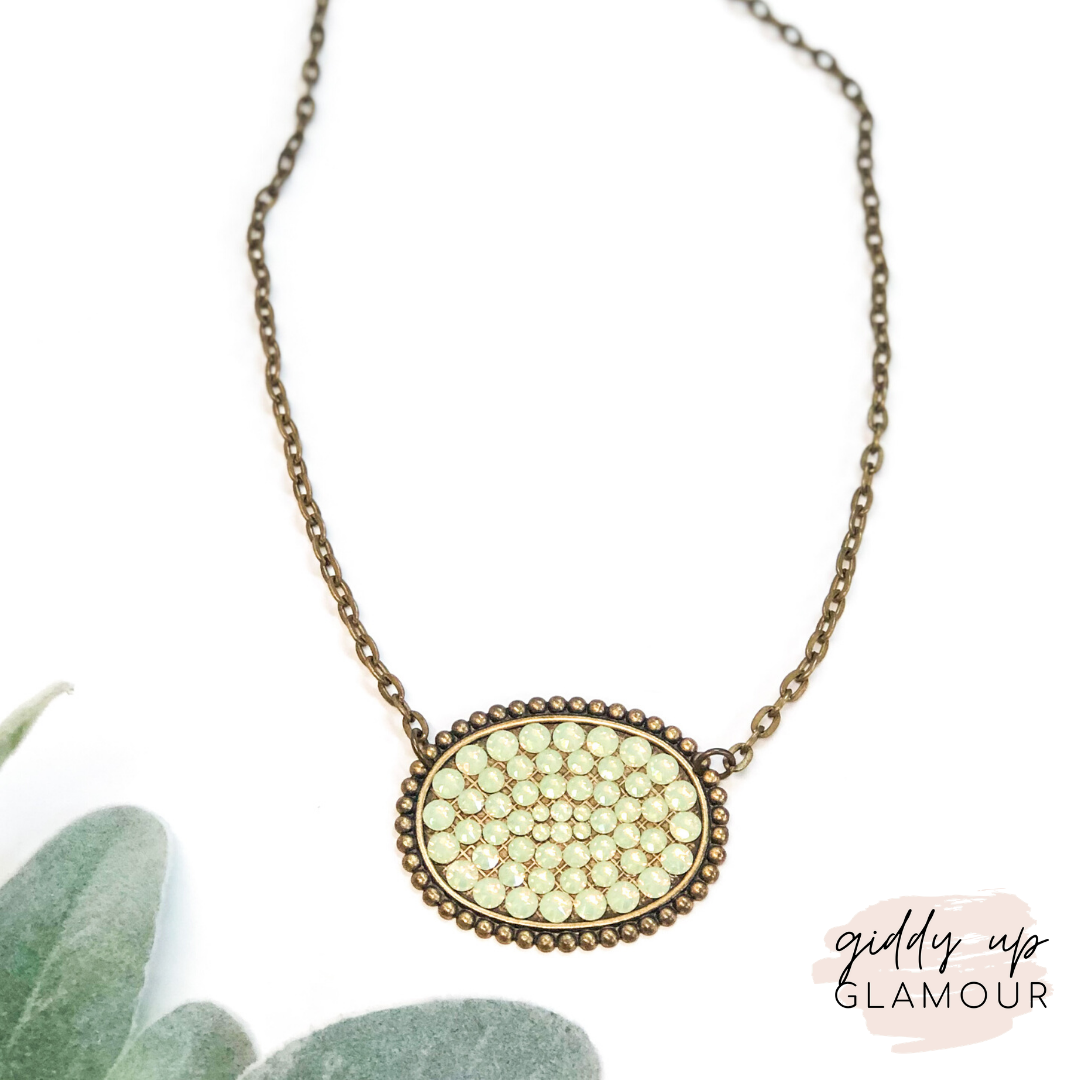 Pink Panache Bronze Oval Necklace with Solid Crystals in Mint Green - Giddy Up Glamour Boutique
