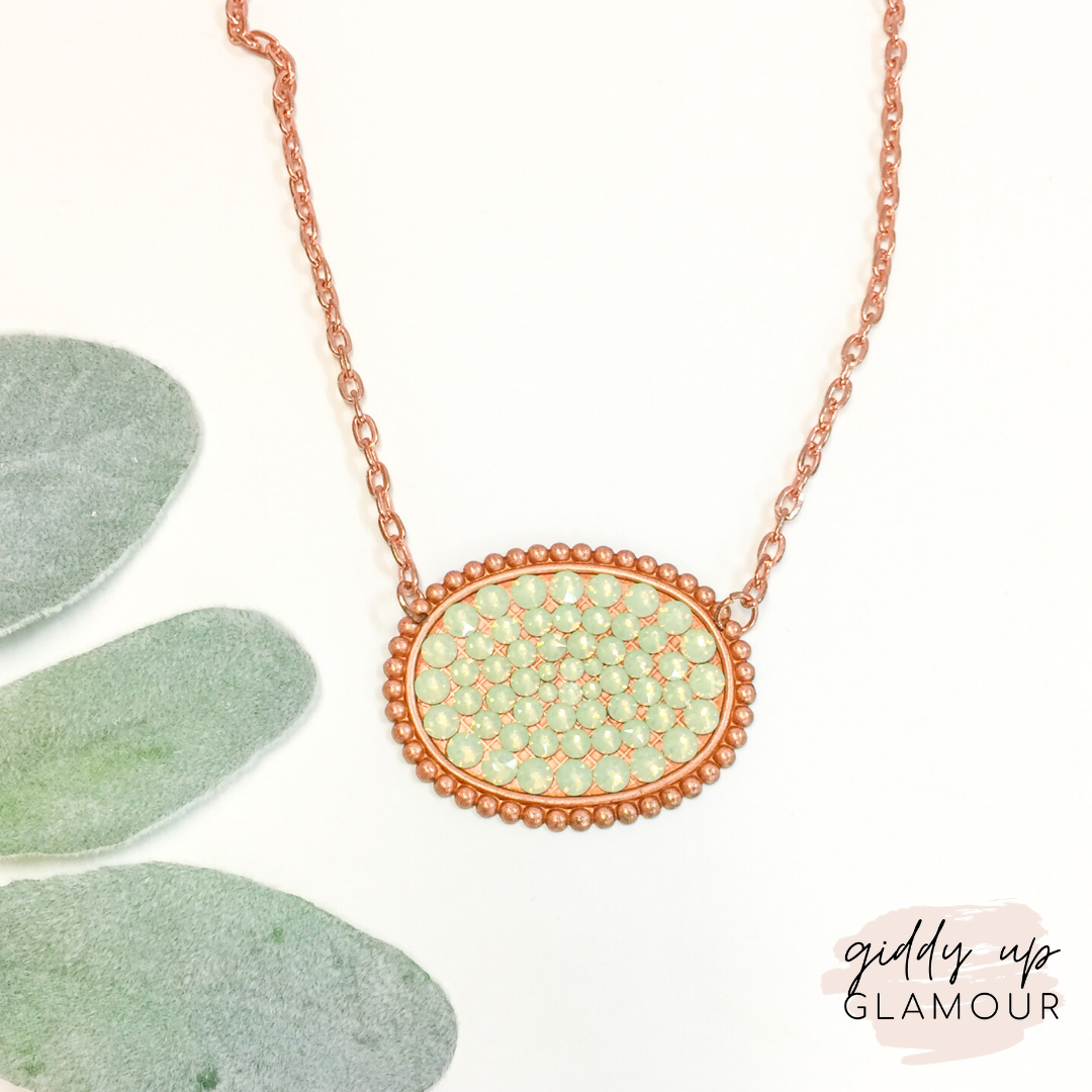 Pink Panache Rose Gold Oval Necklace with Solid Mint Crystals - Giddy Up Glamour Boutique