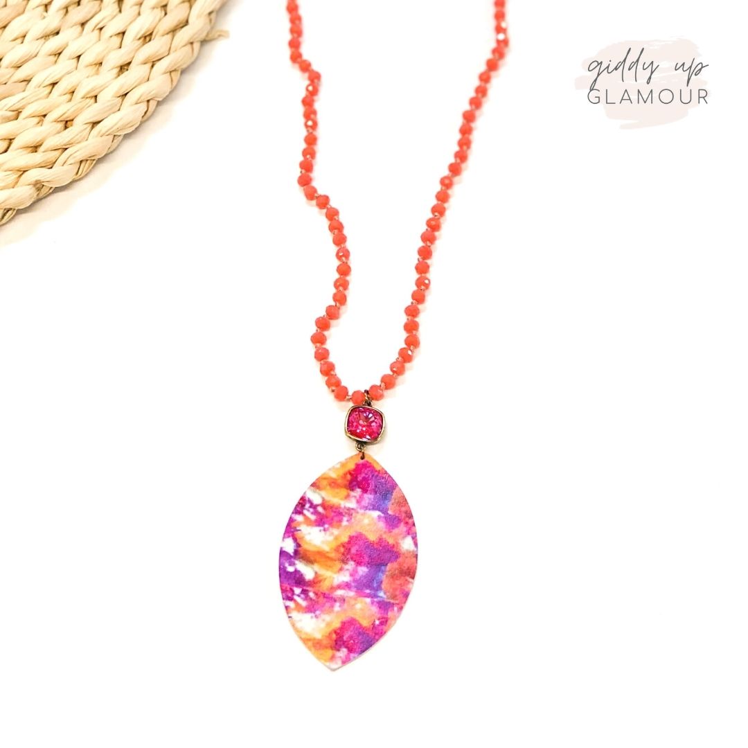 Pink Panache | Coral Beaded Tie Dye Necklace with Royal Red Delight Cushion Cut Crystal - Giddy Up Glamour Boutique