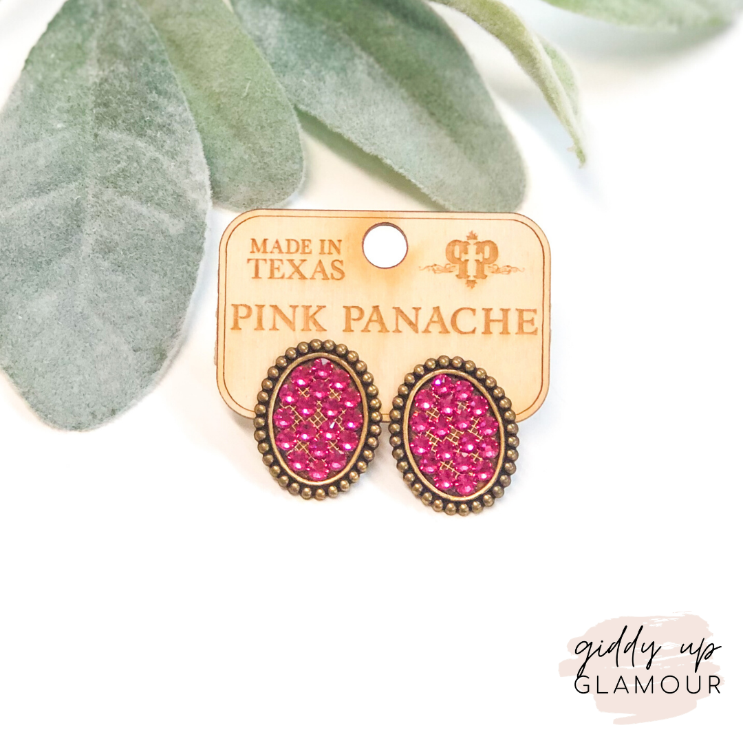 Pink Panache Mini Bronze Oval Stud Earrings with Fuchsia Crystals - Giddy Up Glamour Boutique