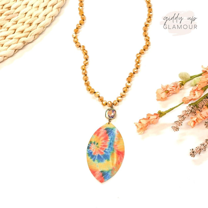 Pink Panache | Mustard Beaded Tie Dye Necklace with AB Cushion Cut Crystal - Giddy Up Glamour Boutique