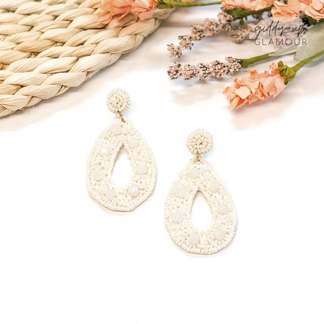 Seed Bead Teardrop Post Earrings in Ivory - Giddy Up Glamour Boutique