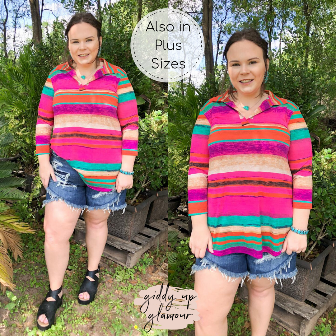 Last Chance Size Small | Scenic Route Serape Collared Tunic Top in Pink - Giddy Up Glamour Boutique