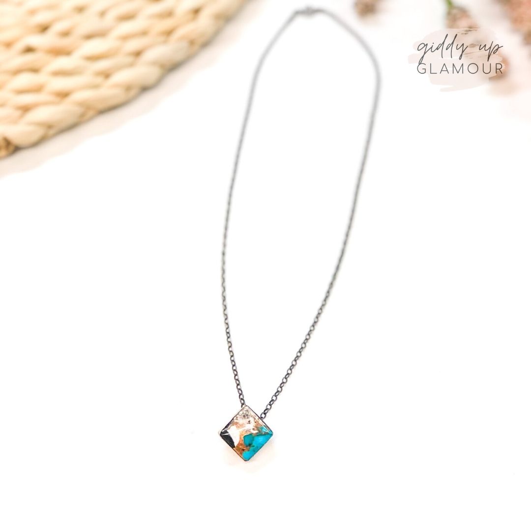 Vernon Kee | Navajo Handmade Sterling Silver Chain Necklace with White Buffalo, Turquoise, and Black Mix Square Pendant - Giddy Up Glamour Boutique