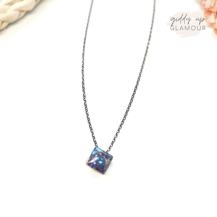 Vernon Kee | Navajo Handmade Sterling Silver Chain Necklace with Mojave Turquoise Square Pendant - Giddy Up Glamour Boutique