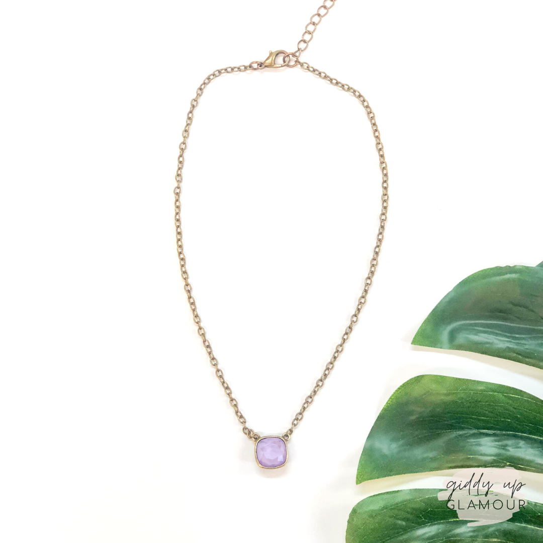 Pink Panache | Bronze Chain Necklace with Cushion Cut Crystal in Lilac - Giddy Up Glamour Boutique
