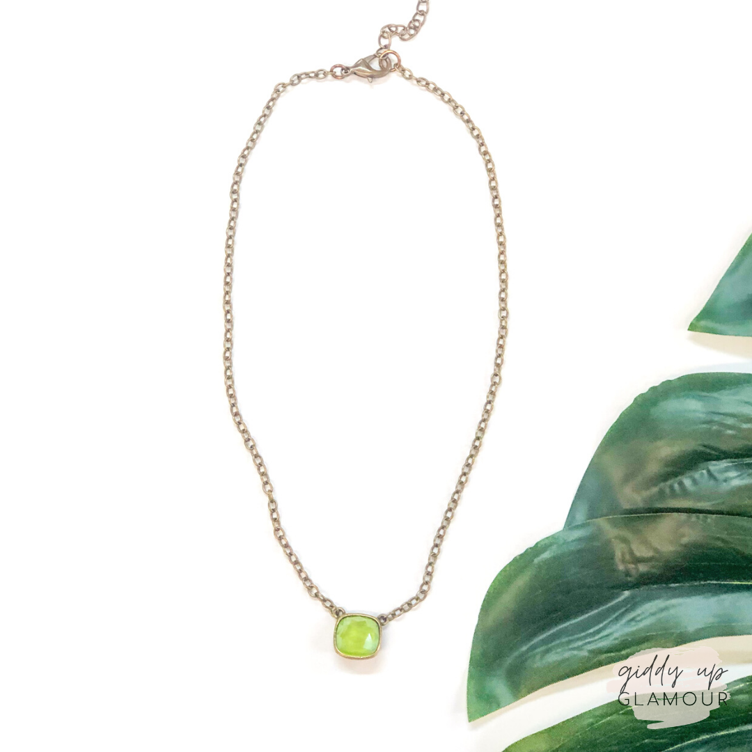 Pink Panache | Bronze Chain Necklace with Cushion Cut Crystal in Lime