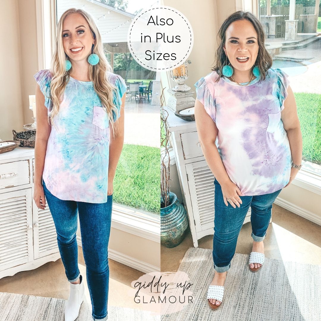 Last Chance Size Small & 3XL | Makes My Heart Flutter Tie Dye Top With Flutter Sleeves in Turquoise and Purple - Giddy Up Glamour Boutique