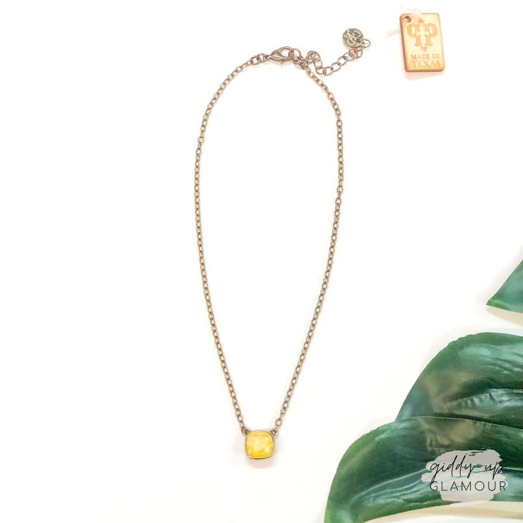 Pink Panache | Bronze Chain Necklace with Cushion Cut Crystal in Buttercup Yellow - Giddy Up Glamour Boutique