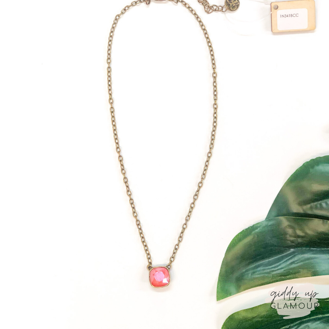 Pink Panache | Bronze Chain Necklace with Cushion Cut Crystal in Candy Coral