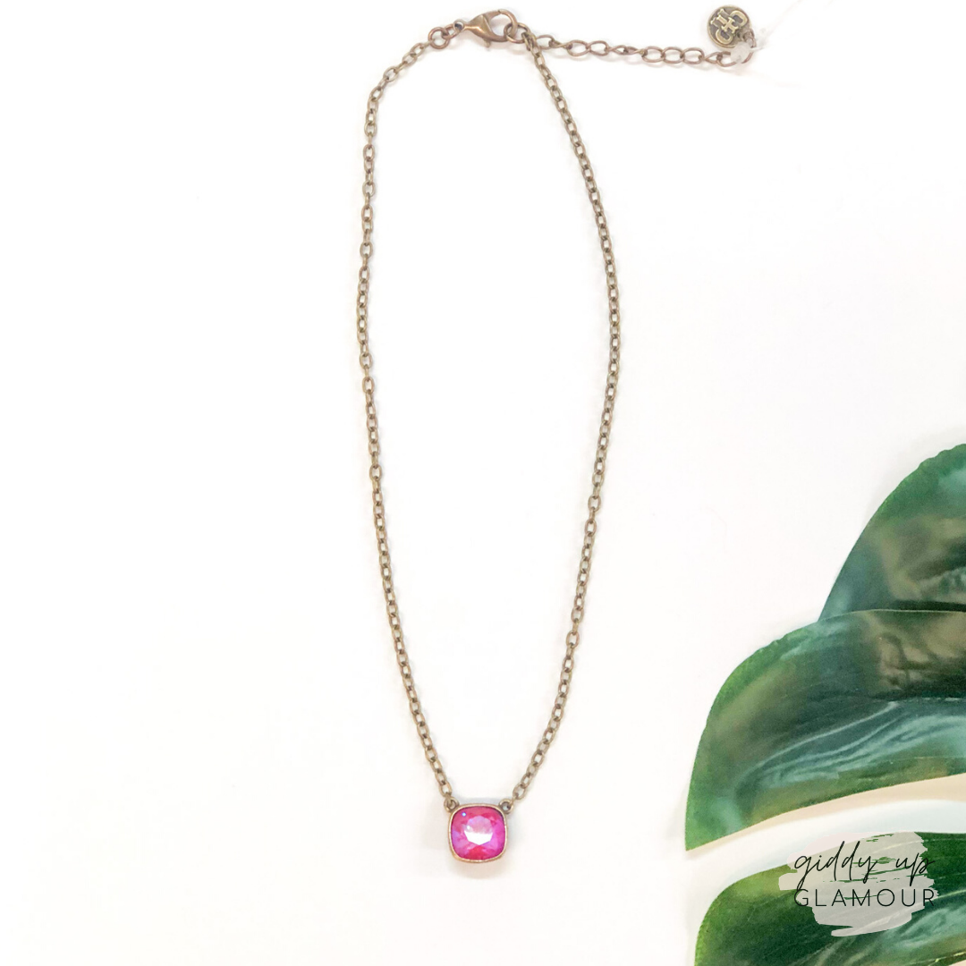 Pink Panache | Bronze Chain Necklace with Cushion Cut Crystal in Royal Red Delight