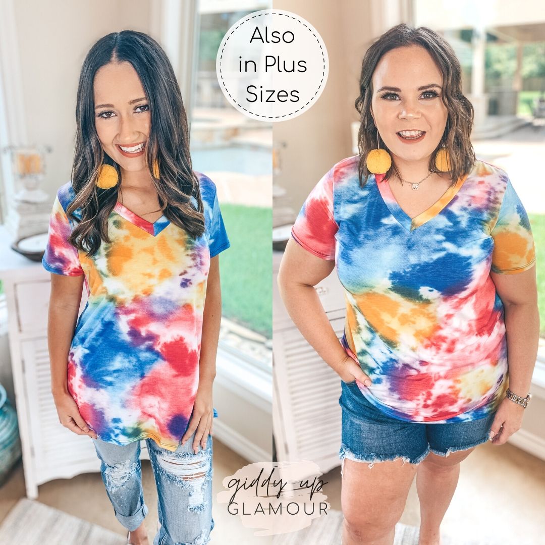 Last Chance Size Small & Medium | Keep Things Simple Tie Dye Print V Neck Tee in Pink, Yellow and Blue - Giddy Up Glamour Boutique