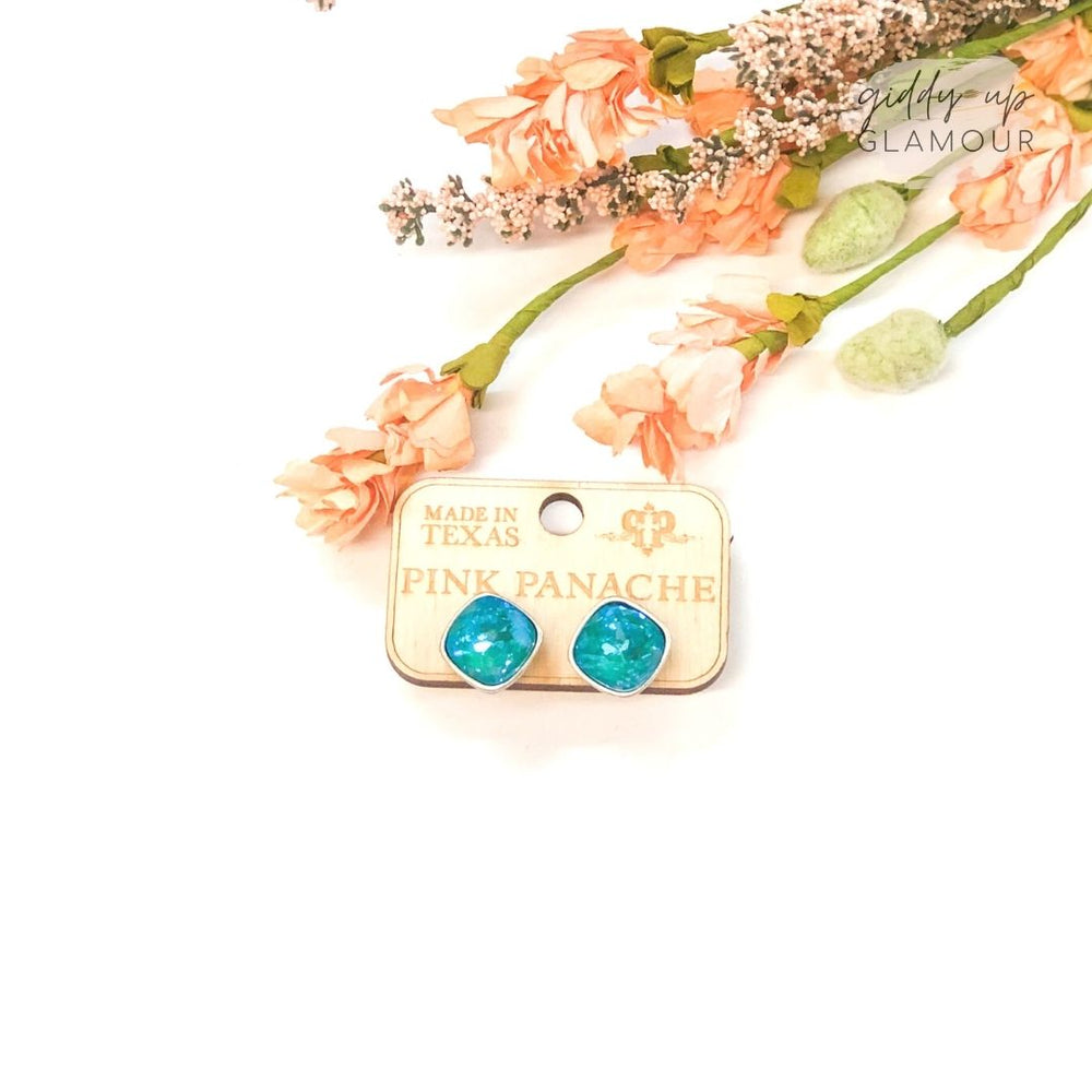 Pink Panache | Silver Tone Stud Earrings with Cushion Cut Crystals in Laguna Delight - Giddy Up Glamour Boutique