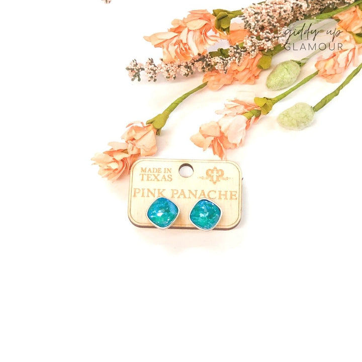 Pink Panache | Silver Tone Stud Earrings with Cushion Cut Crystals in Laguna Delight - Giddy Up Glamour Boutique