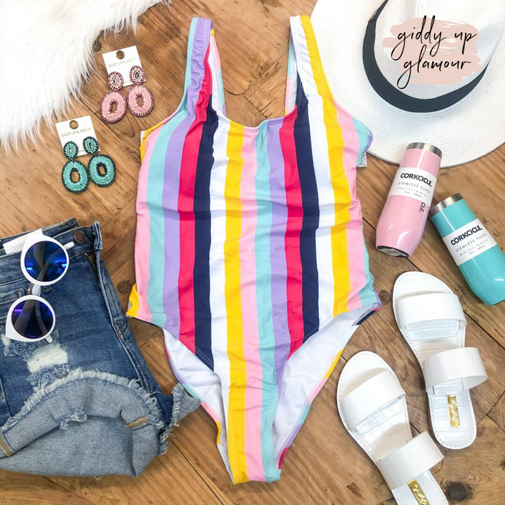 Paradise Pier Striped One Piece Swimsuit with Open Back in Multicolor - Giddy Up Glamour Boutique