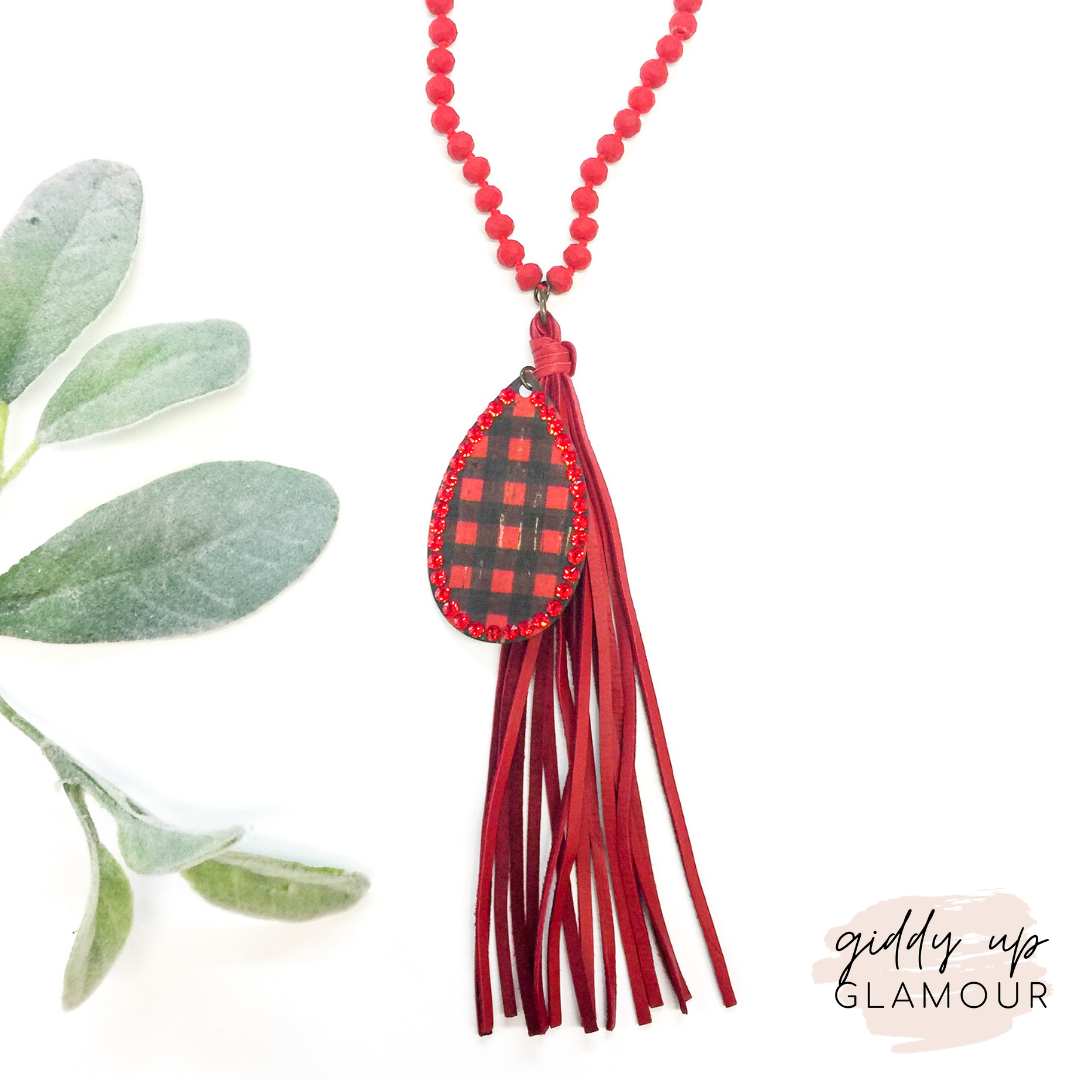 Pink Panache Long Black Crystal Tassel Necklace with Buffalo Plaid Teardrop and Red Crystals - Giddy Up Glamour Boutique