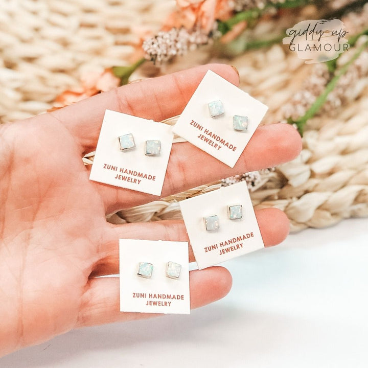 Sarah Bowannie | Zuni Handmade Sterling Silver and Opal Square Stud Earrings - Giddy Up Glamour Boutique