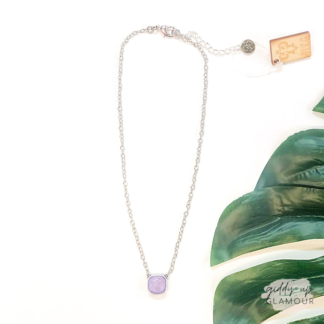 Pink Panache | Silver Chain Necklace with Cushion Cut Crystal in Lilac - Giddy Up Glamour Boutique