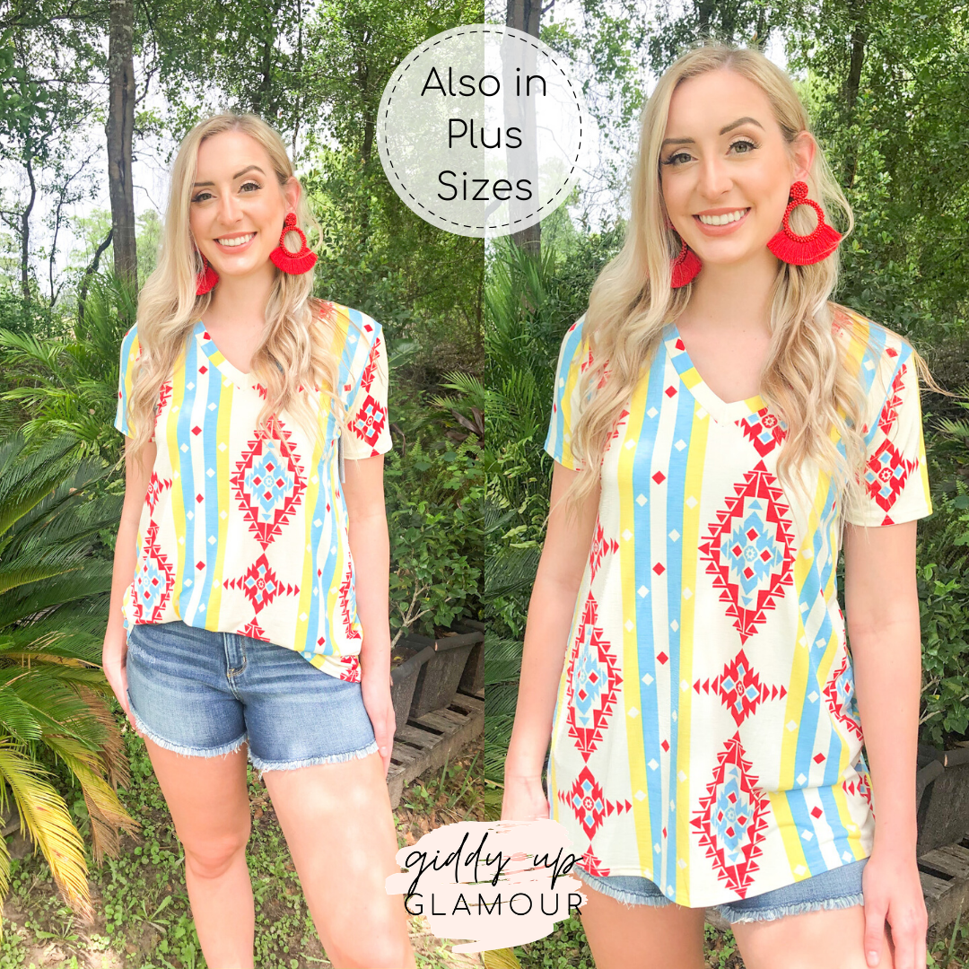 Last Chance Size Small & Medium | Keep Things Simple Striped Aztec Print V Neck Tee in Yellow and Turquoise - Giddy Up Glamour Boutique