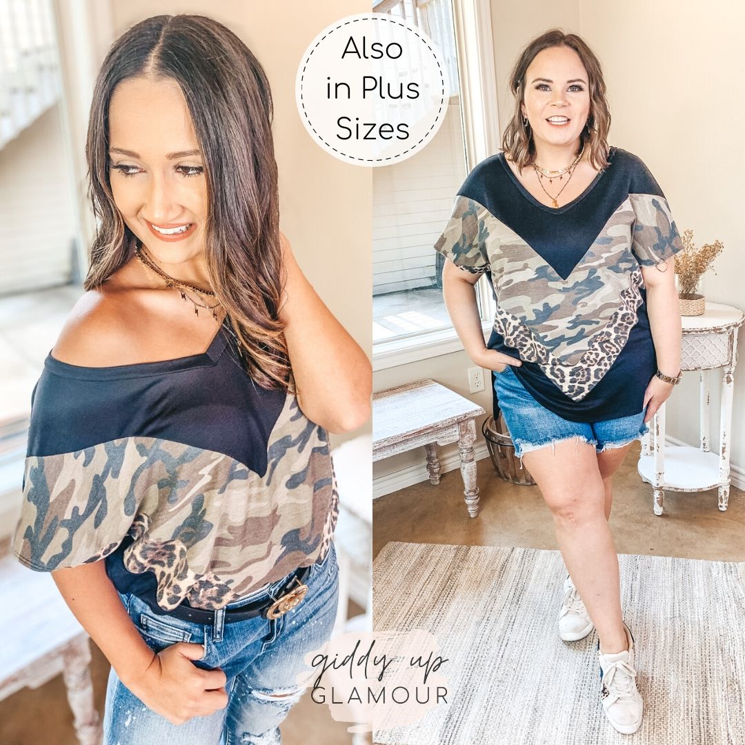 Last Chance Size Small | Be the Best V Neck Top with Camouflage and Leopard Accents in Black - Giddy Up Glamour Boutique