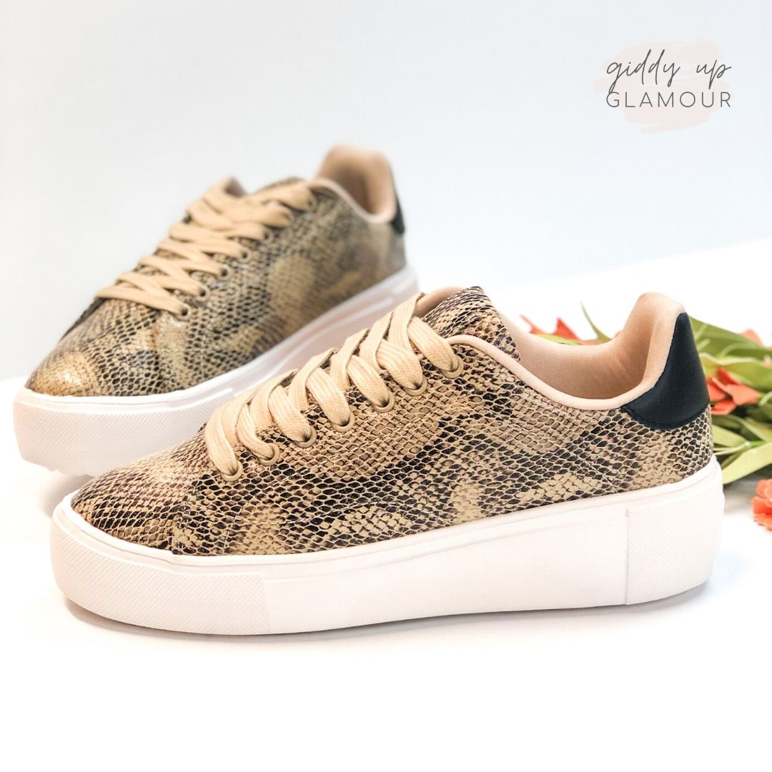Last Chance Size 6 | One Step Away Lace Up Platform Sneakers in Beige Snake - Giddy Up Glamour Boutique
