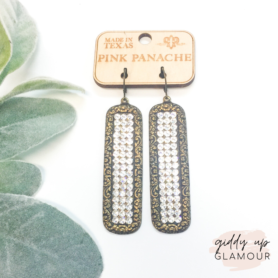 Pink Panache Long Bronze Rectangle Earrings with Clear Crystals - Giddy Up Glamour Boutique