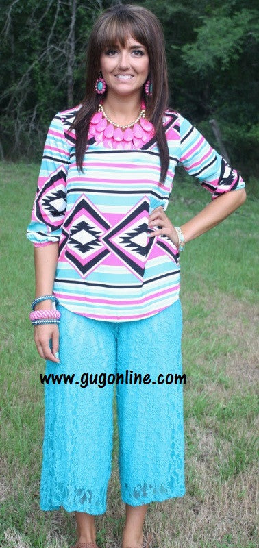 Last Chance Size Small | Turquoise Lace Capri Pants - Giddy Up Glamour Boutique