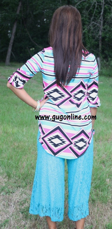 Last Chance Size Small | Turquoise Lace Capri Pants - Giddy Up Glamour Boutique