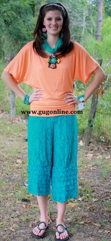 Last Chance Size Small | Turquoise Lace Capri with Ruffles - Giddy Up Glamour Boutique