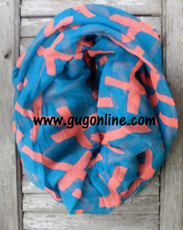 Turquoise with Coral Crosses Infinity Scarf - Giddy Up Glamour Boutique