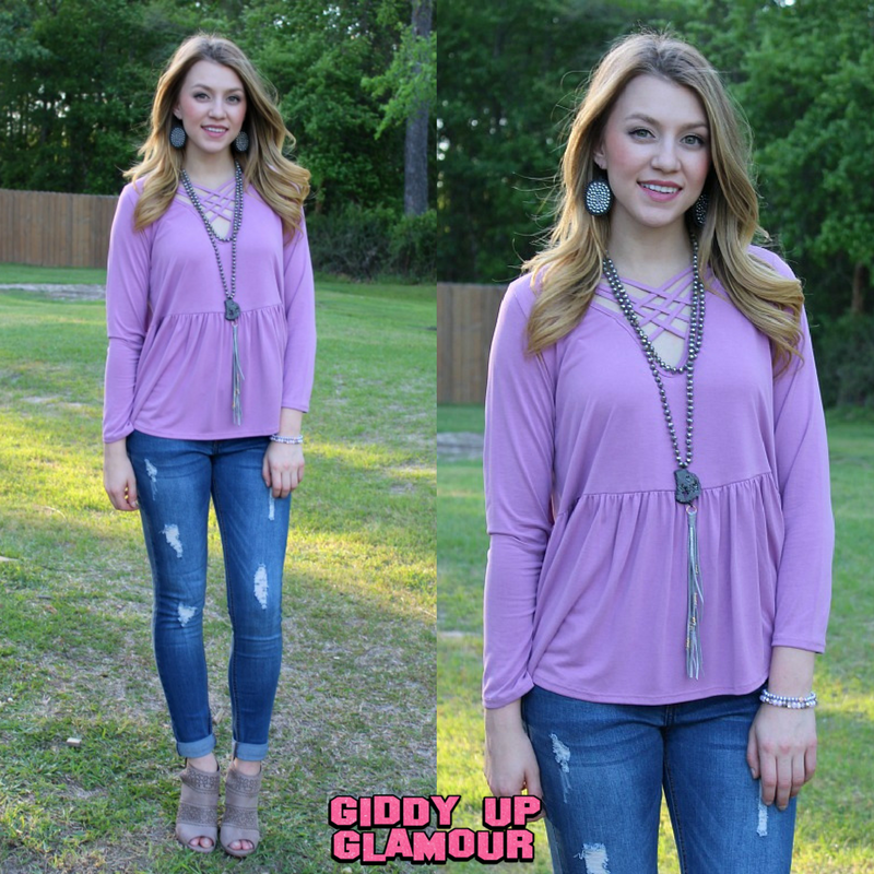Last Chance Size Small & Medium | Softest Splendor Tiered Top with Caged Neckline in Lavender - Giddy Up Glamour Boutique
